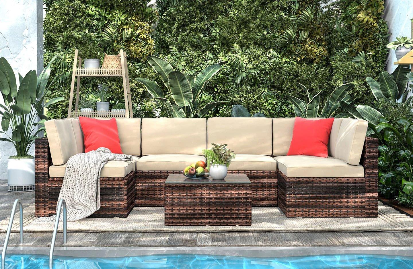 6 Seater Garden Furniture Set,Wicker Weave Corner Sofa Seat Glass Coffee Table Conversation Set With